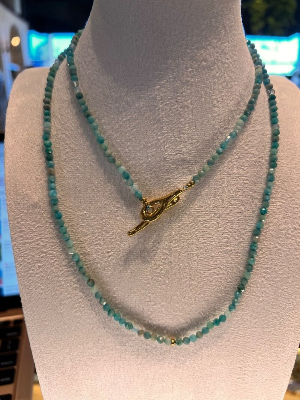 Natural Amazonite 32 Inch Faceted Bead Necklace with Gold-Tone Toggle Clasp